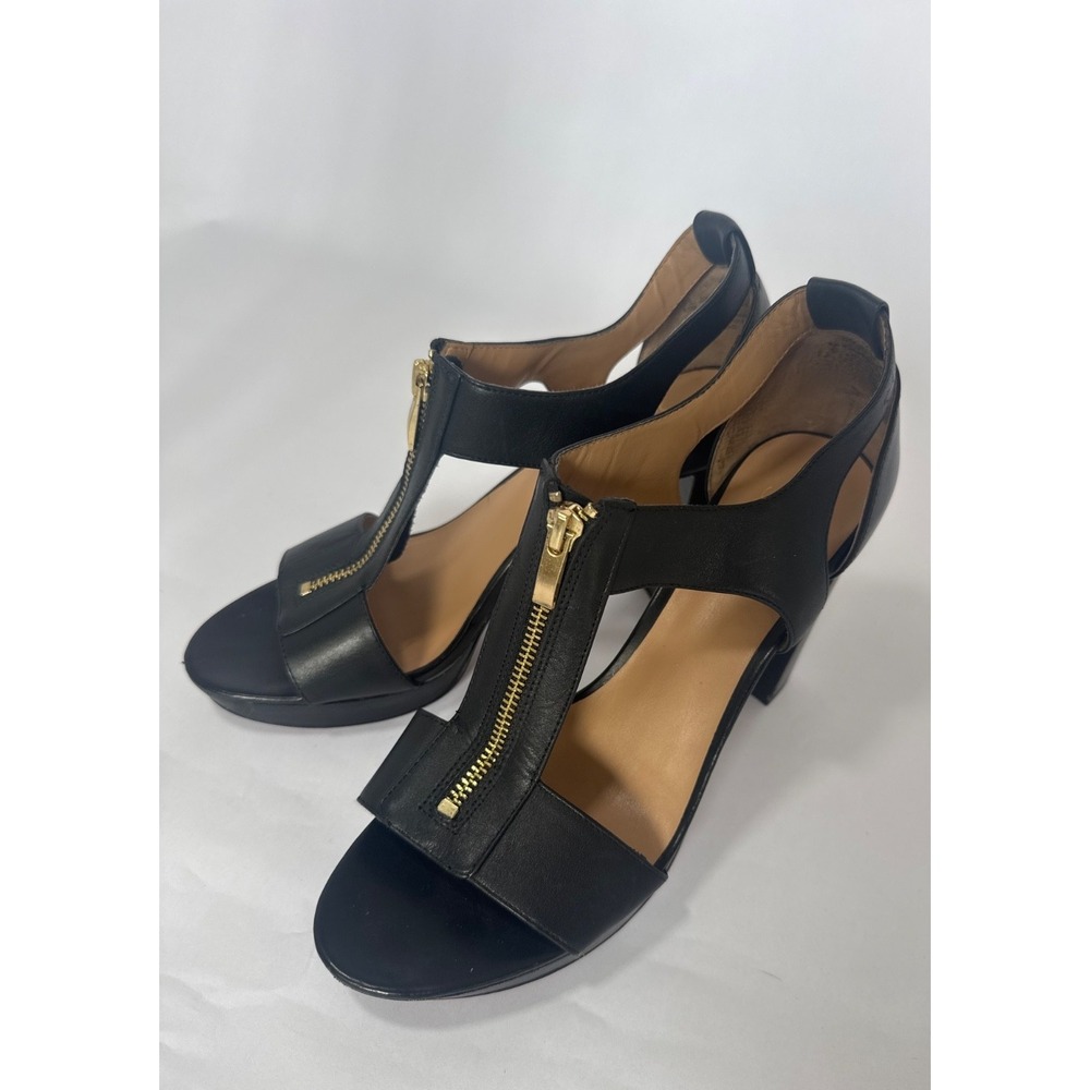 Franco Sarto‎ Myriad Women's Black T-Strap Leather Block Heels 9.5M Gold Zipper